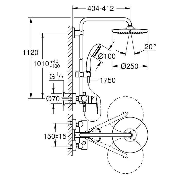 Grohe Vitalio Start Sistema de ducha 250 - Con grifo monomando, Número de tipos de chorro: 2 ud., Cromo/Negro - Dibujo técnico de un conjunto de ducha con dimensiones, incluyendo rociador de cabeza, ducha de mano y termostato.