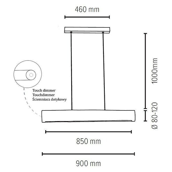 Spotlight LED-Pendelleuchte Lucas25,5 W, L x B x H: 90 x 10 x 112 cm, Gebeizte Kiefer Sketch