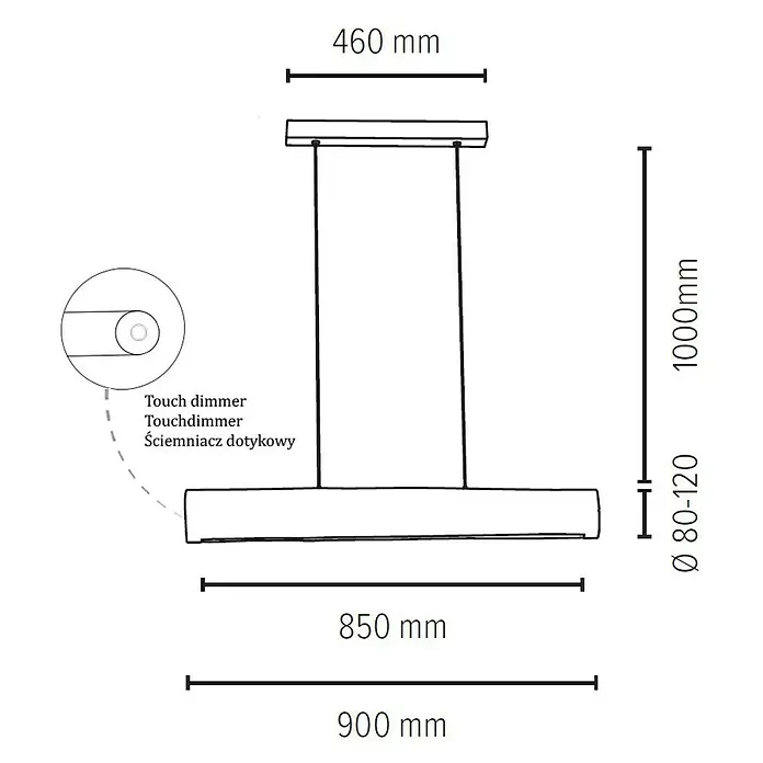 Spotlight LED-Pendelleuchte Lucas - 25,5 W, Braun/Gebeizte Kiefer, 90 cm - Abbildung der Maße einer modernen LED-Hängeleuchte in Schwarz, inklusive Touchdimmerfunktion und Abmessungen für Design und Installation.