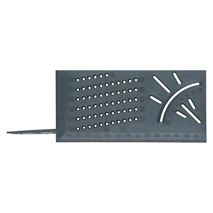 Wolfcraft Gehrungswinkel - Winkel: 0 ° - 90 °, Länge: 66 mm - Ein graues, flaches Werkzeug mit Löchern, Skalen und Winkelmessern. Es dient zum präzisen Messen und Anzeichnen in der Holzbearbeitung.