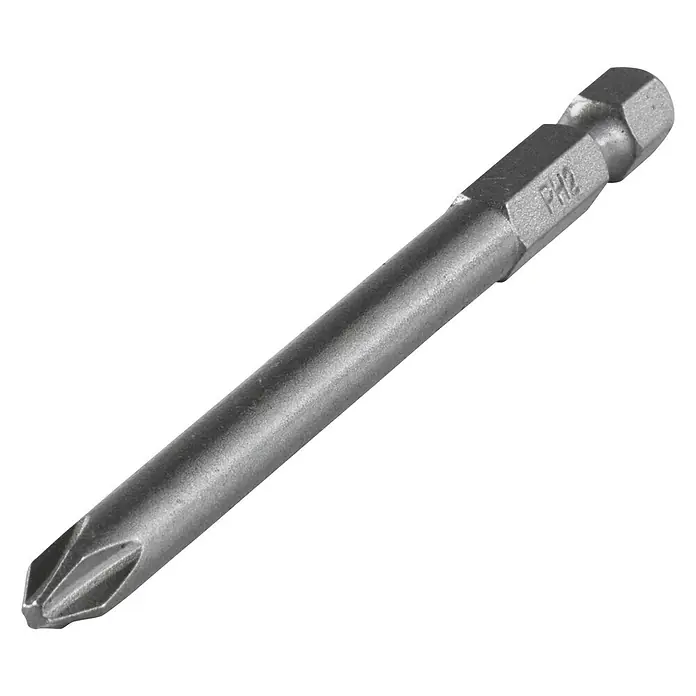 Wolfcraft Schraubendreherklinge Solid - PH 2, Länge: 89 mm - Nahaufnahme eines PH2-Kreuzschlitz-Schrauberbits aus Metall mit gut sichtbarem "PH2"-Aufdruck vor schwarzem Hintergrund.