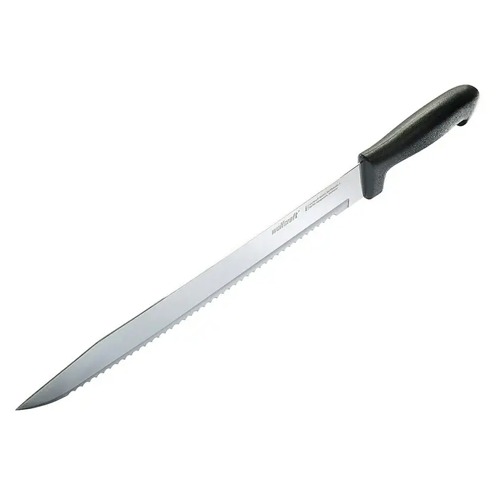 Wolfcraft Dämmstoffmesser - Klingenlänge: 305 mm - Abgebildet ist ein Brotmesser von Wolfcraft mit Wellenschliff und schwarzem Griff, ideal zum Schneiden von Brot und Brötchen.