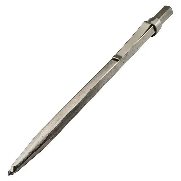 Wolfcraft Reißnadel - Länge: 150 mm - Ein silberner Körner mit einem Clip am Ende, perfekt zum Markieren von Metall oder anderen harten Oberflächen, auf schwarzem Hintergrund.