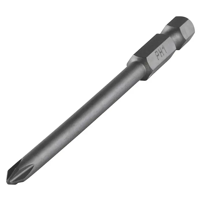 Wolfcraft Schraubendreherklinge Solid - PH 1, Länge: 89 mm - Nahaufnahme eines PH1-Kreuzschlitzschraubendreher-Bits aus Metall, das für Schraubarbeiten verwendet wird.