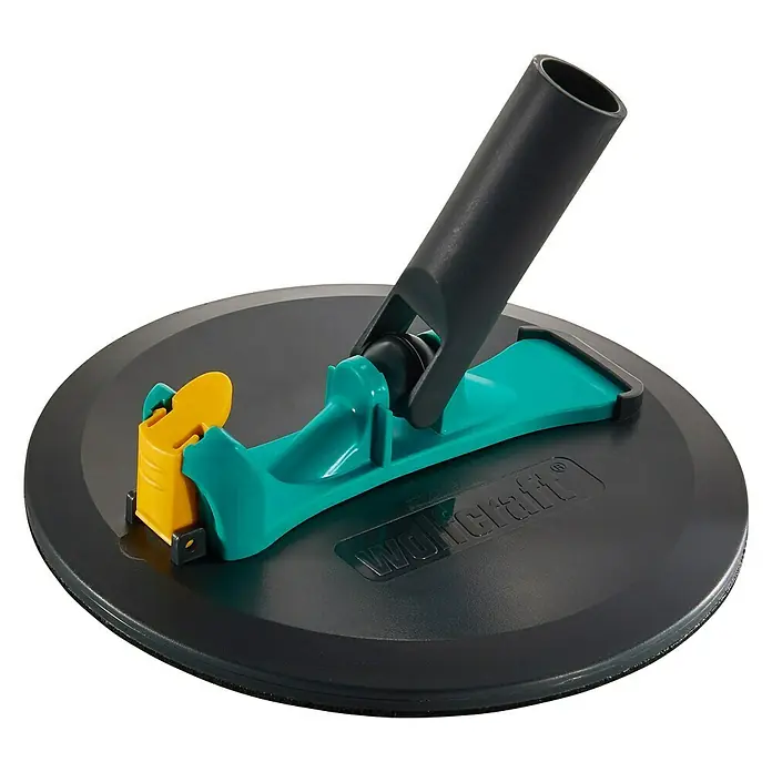 Wolfcraft Wand- & Deckenschleifer mit Stiel - Durchmesser Schleifteller: 225 mm - Nahaufnahme eines Wolfcraft Handschleifpucks mit Griff, ideal zum Schleifen von Oberflächen, in den Farben Schwarz, Türkis und Gelb.