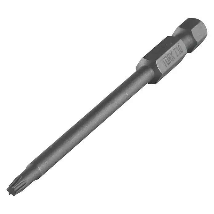 Wolfcraft Schraubendreherklinge Solid - TX 10, Länge: 89 mm - Das Bild zeigt einen Torx T10 Schraubendreher-Bit. Das Werkzeug ist aus Metall gefertigt und hat einen sechskantigen Schaft.