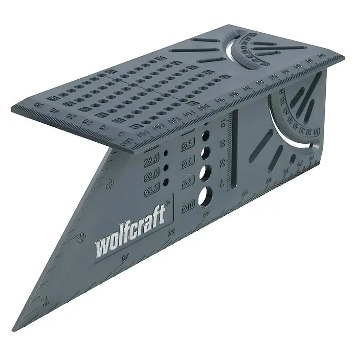 Wolfcraft Gehrungswinkel - Winkel: 0 ° - 90 °, Länge: 66 mm - Ein graues Wolfcraft-Produkt, das als Messwerkzeug oder Winkelmesser für verschiedene Anwendungen im Handwerk verwendet werden kann.