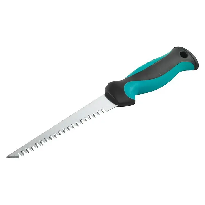 Wolfcraft Serrucho de calar para placas de yeso laminado - Apto para: Placas de yeso laminado - Un primer plano de una sierra para paneles de yeso con mango azul y negro y hoja afilada, ideal para cortar madera y otros materiales.