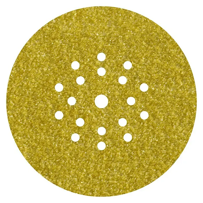 Wolfcraft Haftschleifscheiben - Durchmesser: 225 mm, Korund, Körnung: 80, 5 Stk. - Nahaufnahme einer Schleifscheibe mit Löchern. Das Schleifpapier ist gelb und hat eine körnige Textur für effektives Schleifen.