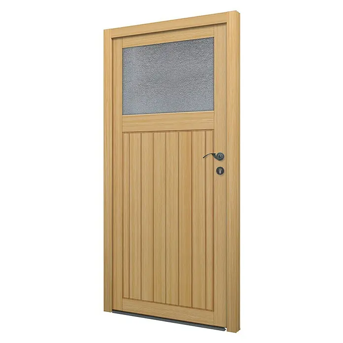 Solid Elements Nebeneingangstür 8702 - 98 x 198 cm, DIN Anschlag: Rechts, Natur - Diese Abbildung zeigt eine Holztür mit einem Fensterbereich oben und einem Griff. Sie ist hellbraun und hat eine robuste Konstruktion.