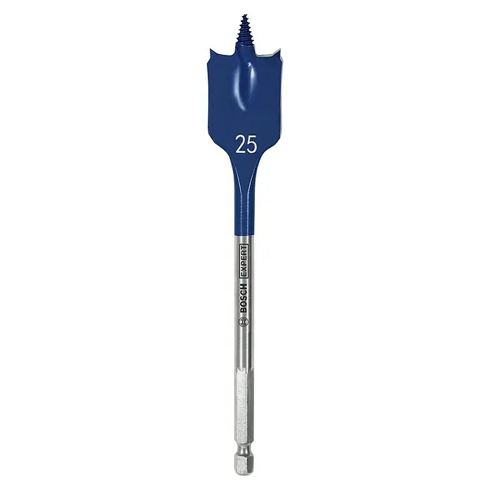 Bosch Expert Broca para madera SelfCut Speed - Diámetro de la broca: 25 mm - Broca plana Bosch Expert con punta de centrado, ideal para perforar grandes diámetros en madera. El diseño azul y la marca "25" la hacen destacar.