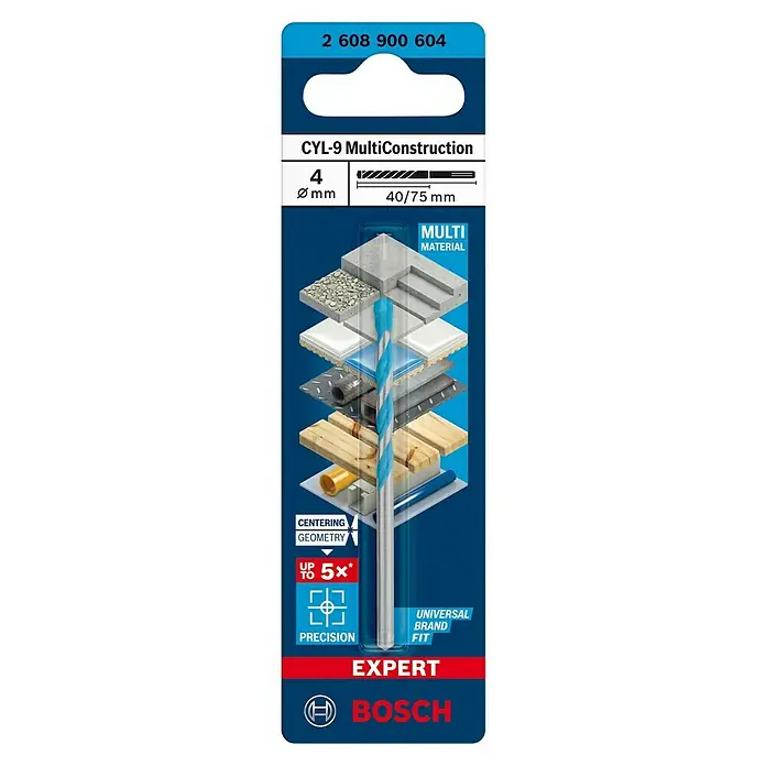 Bosch Broca universal CYL-9 MultiConstruction - Diámetro de la broca: 4 mm, Longitud de trabajo: 40 mm, 1 ud. - Broca Bosch CYL-9 MultiConstruction, diámetro 4mm, apta para diversos materiales. Versátil y precisa para expertos.