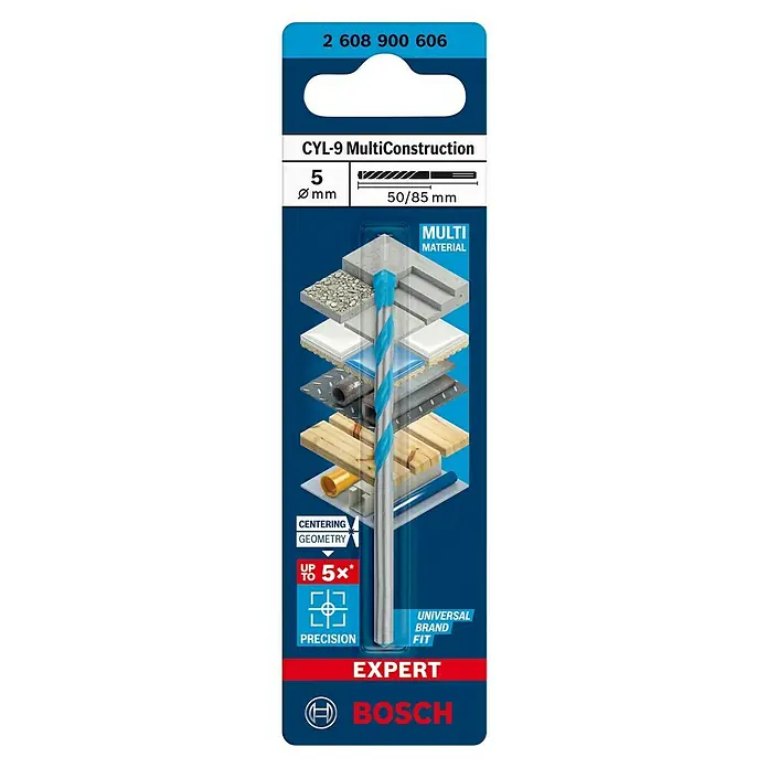 Bosch Broca universal CYL-9 MultiConstruction - 1 ud., Diámetro de la broca: 5 mm, Longitud de trabajo: 50 mm - Un paquete de brocas Bosch CYL-9 MultiConstruction, tamaño 5 mm, diseñado para su uso en diversos materiales.