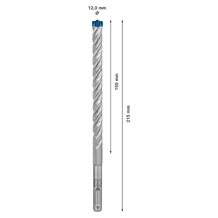 Bosch Expert Broca para hormigón y mampostería -7X - 1 ud., Diámetro de la broca: 12 mm - Imagen de una broca para martillo percutor Bosch 12,0 mm 7X Expert SDS Plus con una longitud útil de 150 mm y una longitud total de 215 mm.