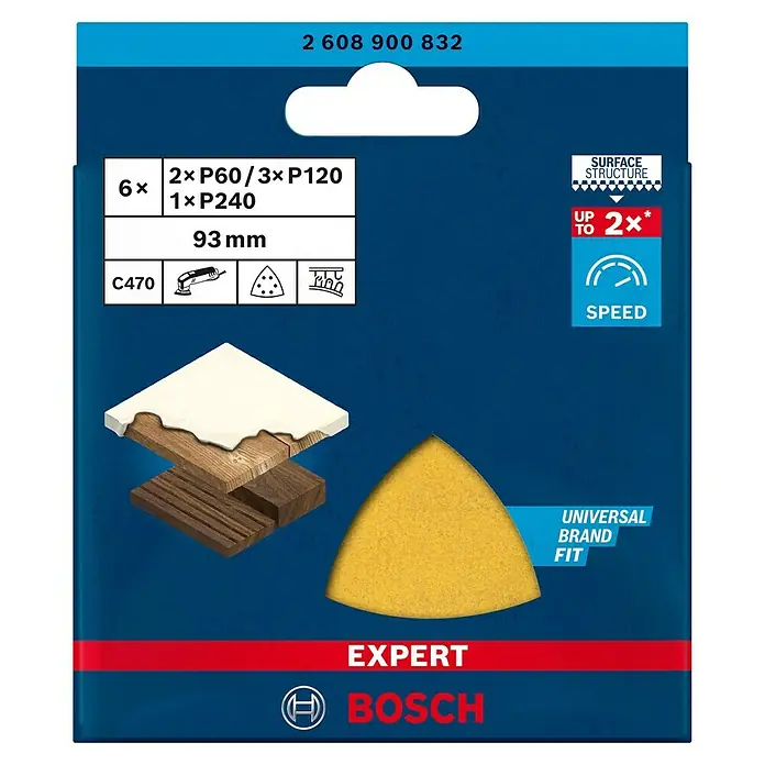 Bosch Expert Set de hojas de lija C470 - Grano: 60 mm - 240 mm, 6 ud. - Imagen del paquete de hojas de lija Bosch Expert. El juego contiene 6 hojas de lija de diferentes granos para obtener resultados óptimos.
