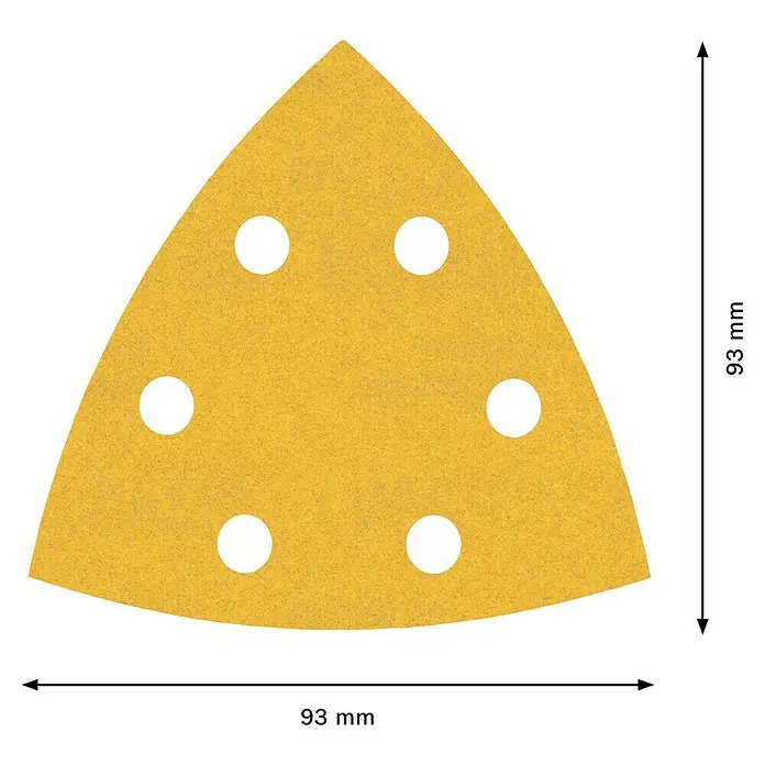 Bosch Expert Set de hojas de lija C470 - Grano: 60 mm - 240 mm, 6 ud. - Un papel de lija triangular amarillo con seis agujeros, que mide 93 mm de alto y ancho.
