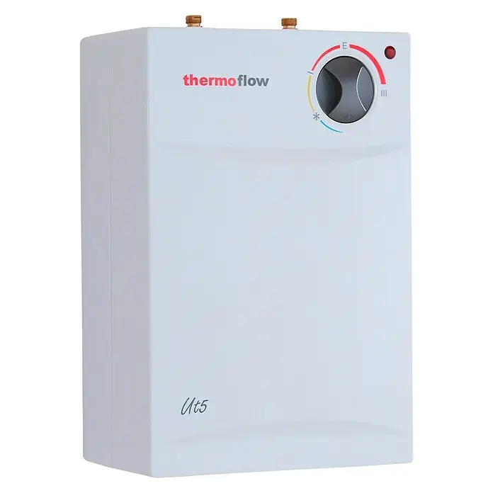 Thermoflow Warmwasserspeicher UT 5 mit Armatur - 5 l, 2.000 W, Temperaturbereich: 35 °C - 75 °C, Untertischmontage, Armatur - Nahaufnahme eines weißen Thermoflow Ut5 Warmwasserbereiters mit einem Drehknopf zur Temperaturregelung.