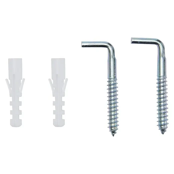 Thermoflow Warmwasserspeicher UT 5 N - 5 l, Untertischmontage - Zwei weiße Dübel und zwei L-förmige Schraubhaken mit Gewinde auf schwarzem Grund für sichere Befestigungen.