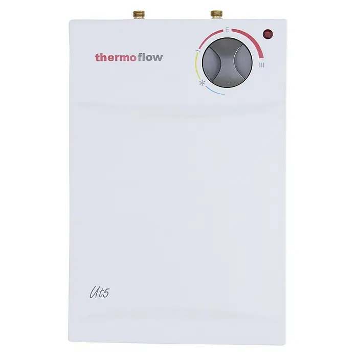 Thermoflow Warmwasserspeicher UT 5 mit Armatur - 5 l, 2.000 W, Temperaturbereich: 35 °C - 75 °C, Untertischmontage, Armatur - Nahaufnahme eines Thermoflow Ut5 Warmwasserbereiters, der sich durch ein minimalistisches, weißes Design und eine benutzerfreundliche Steuerung auszeichnet.