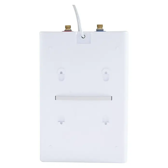 Thermoflow Warmwasserspeicher UT 5 N - 5 l, Untertischmontage - Nahaufnahme einer weißen Warmwasserbereiter-Rückseite mit Anschlüssen und Montagevorrichtungen.