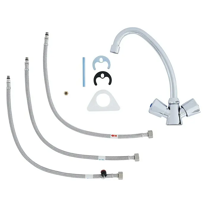 Thermoflow Warmwasserspeicher UT 5 mit Armatur - 5 l, 2.000 W, Temperaturbereich: 35 °C - 75 °C, Untertischmontage, Armatur - Küchenarmatur-Set mit Wasserhähnen, Brauseschläuchen und Installationszubehör für eine einfache Montage.