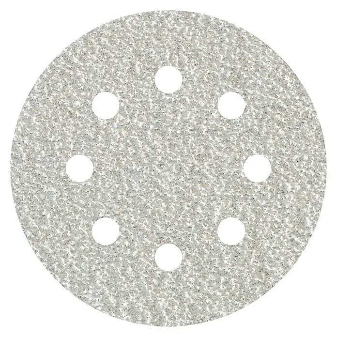 Wolfcraft Schleifscheibe - Durchmesser: 125 mm, Körnung: 120, 25 Stk., Geeignet für: Farben - Nahaufnahme einer runden Schleifscheibe mit acht Löchern, die für Schleifarbeiten verwendet wird.