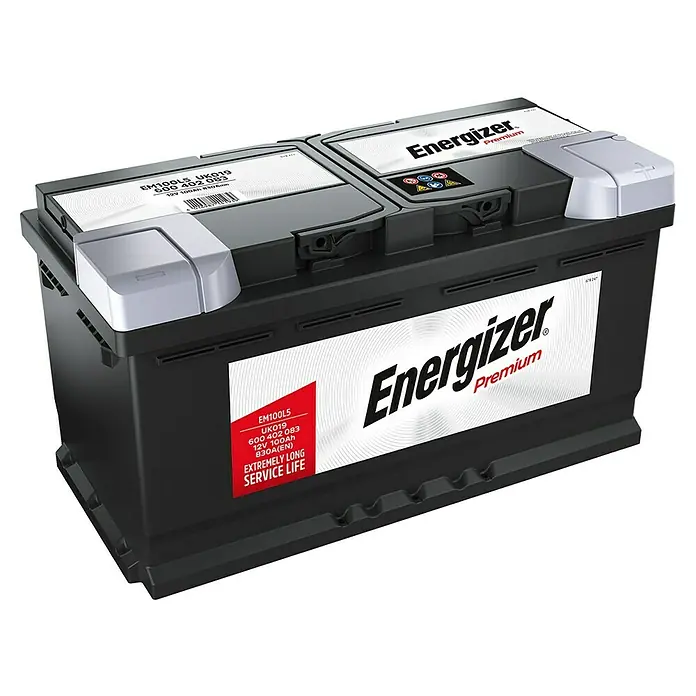 Energizer Autobatterie Premium EM100-L5 - 100 Ah, 12 V, Batterieart: Blei - Das Bild zeigt eine Energizer Premium Autobatterie EM100L5, die für ihre lange Lebensdauer und hohe Leistung bekannt ist.