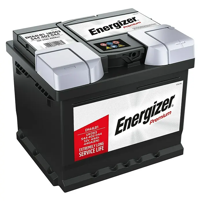 Energizer Autobatterie Premium EM44-LB1 - 44 Ah, 12 V, Batterieart: Blei - Ein Energizer Premium Autobatterie, EM44LB1, mit 12V Leistung und langer Lebensdauer, für zuverlässige Energie im Auto.