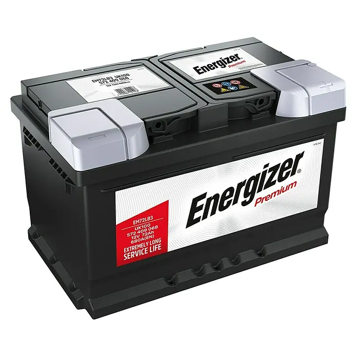 Energizer Autobatterie Premium EM72-LB3 - 72 Ah, 12 V, Batterieart: Blei - Abbildung einer Energizer Premium Autobatterie, Modell EM72LB3 UK100 mit einer Kapazität von 72Ah und 680A(EN) Kaltstartstrom.