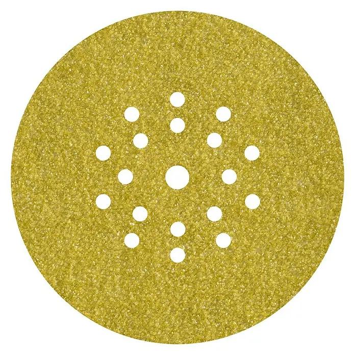 Wolfcraft Haftschleifscheiben - Durchmesser: 225 mm, Korund, Körnung: 120, 5 Stk. - Das Bild zeigt eine goldene Schleifscheibe mit mehreren Löchern in einem schwarzen Hintergrund.