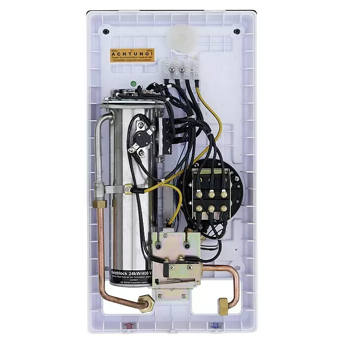 Thermoflow Calentador Hydrex - 24 kW, Hidráulica, Se puede cerrar - Vista interna de un calentador de agua instantáneo blanco con tanque de acero inoxidable, tuberías de cobre y cableado.