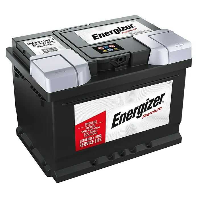 Energizer Autobatterie Premium EM60-LB2 - 60 Ah, 12 V, Batterieart: Blei - Abbildung einer Energizer Premium Autobatterie EM60LB2, die für ihre lange Lebensdauer und hohe Leistung bekannt ist.