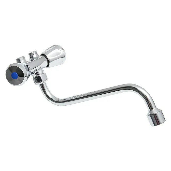 Thermoflow Spültischarmatur QMIX 10 - Chrom, Glänzend - Ein glänzender Chrom-Wasserhahn mit blauem Akzent auf schwarzem Hintergrund. Perfekt für Küche oder Bad, robust und elegant.