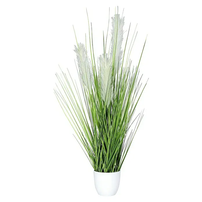 Kunstpflanze Grasarrangement - Höhe: 80 cm, Kunststoff - Kunstpflanze mit grünen Halmen und weißen Federn in einem weißen Topf.