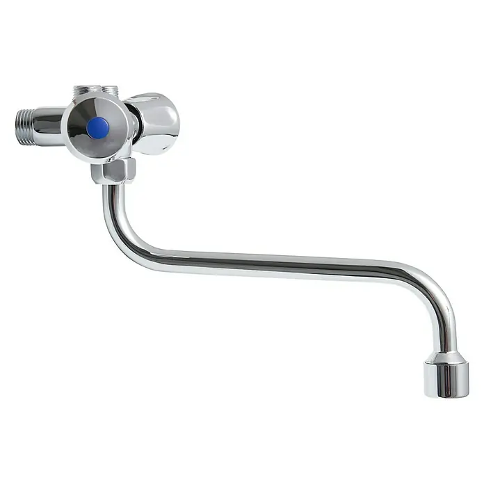 Thermoflow Spültischarmatur QMIX 10 - Chrom, Glänzend - Chromfarbene Waschbeckenarmatur mit blauem Knopf zur Wasserkontrolle für den Sanitärbereich.
