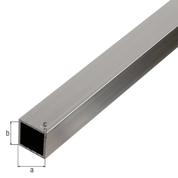 Kantoflex Tubo de forma cuadrada - 1.000 x 20 x 20 mm, Espesor: 1 mm - Primer plano de un tubo cuadrado de aluminio plateado, mostrando su robusta construcción y versatilidad para diversas aplicaciones.