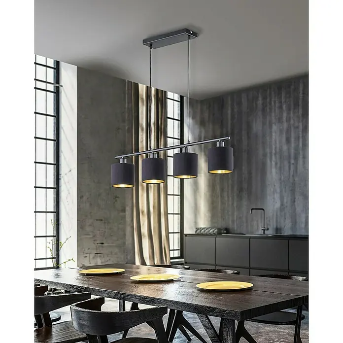 Reality Leuchten Tommy Pendelleuchte - 28 W, L x B x H: 75 x 16,5 x 150 cm, Schwarz/Gold, E14 - Die moderne Pendelleuchte mit vier Lampenschirmen in Schwarz und Gold ist ein echter Blickfang über jedem Esstisch.