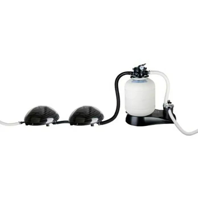 Gre Calentador Solar 90230 - L x An x Al: 57 x 57 x 25 cm, Polipropileno - La imagen muestra un sistema de filtro de arena para piscinas, que consta de dos bombas y un tanque de filtro, conectados por mangueras.