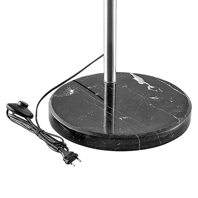 Stehleuchte - 180 W, Höhe: 204 cm, Schwarz, E27 - Detailansicht einer Stehlampe mit Marmorfuß, Kabel, Fußschalter und Stecker vor schwarzem Hintergrund.