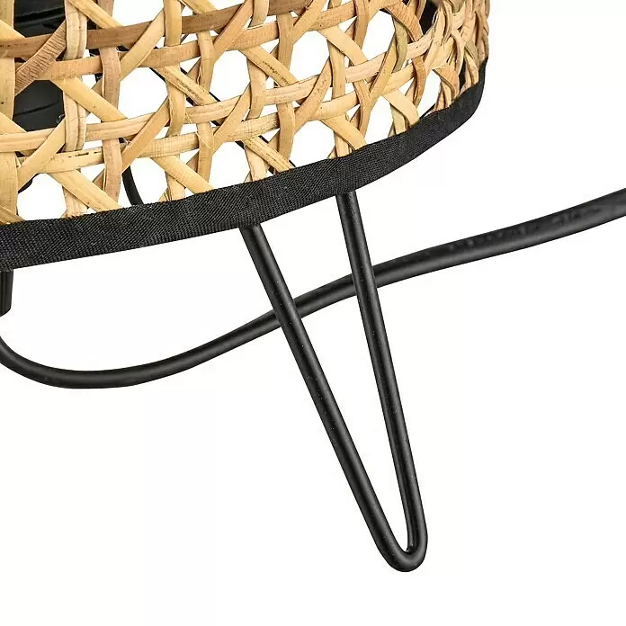 Lavida Tischleuchte Wien - 40 W, Natur, Schwarz, Braun, E27 - Geflochtener Rattan-Korb mit schwarzem Stoffrand und schwarzen Metall-Haarnadelbeinen.