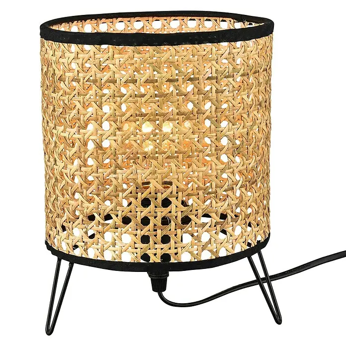 Lavida Tischleuchte Wien - 40 W, Natur, Schwarz, Braun, E27 - Diese Tischlampe mit Rattan-Schirm und schwarzem Metallfuß strahlt warmes Licht aus und ist eine stilvolle Ergänzung für jeden Raum.