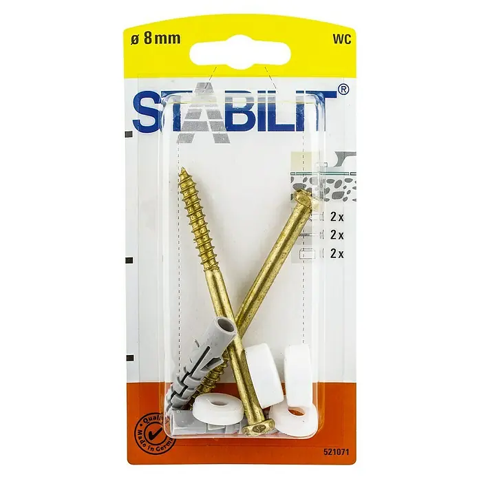 Stabilit WC-Befestigung - Durchmesser Dübel: 8 mm, Länge Dübel: 40 mm, 2 Stk. - Das Bild zeigt eine Packung Sanitärbefestigungsset von Stabilit mit Schrauben, Dübeln und Abdeckkappen für die WC-Montage.