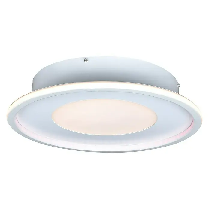 Lavida LED-Deckenleuchte rund Rovigo - Ø x H: 450 mm x 9,6 cm, Weiß, RGBW - Eine Nahaufnahme einer runden, weißen LED-Deckenleuchte mit einem warmweißen Licht in der Mitte und einem umlaufenden Lichtband.