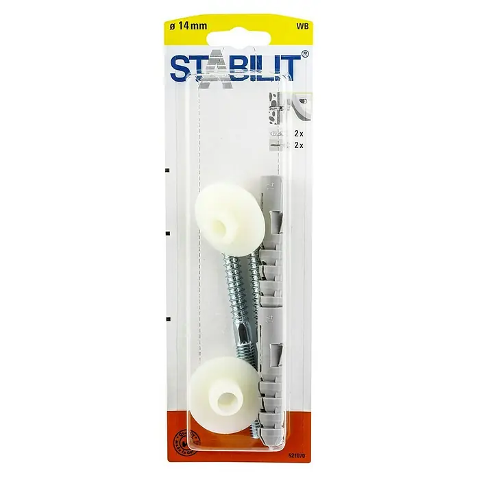 Stabilit Waschtischbefestigung - Durchmesser Dübel: 14 mm, Länge Dübel: 75 mm, 2 Stk. - Bild einer Verpackung mit zwei Stabilithalterungen und Dübeln, Durchmesser 14 mm, ideal für stabile Befestigungen.