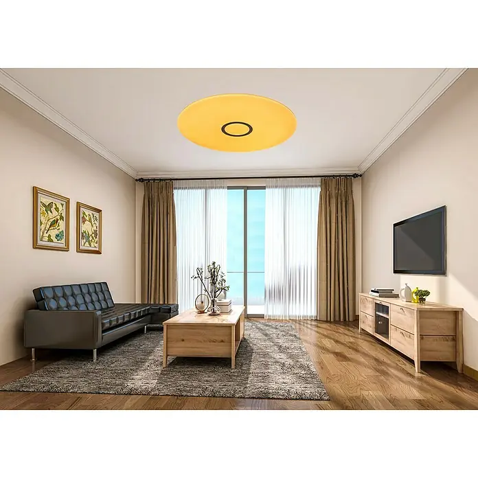Tween Light LED-Deckenleuchte rund Skyler Flat Star - 22 W, Ø x H: 54 x 7 cm, Weiß, Silber, Mehrfarbig - Eine moderne gelbe Deckenleuchte mit schwarzem Akzent in einem stilvollen Wohnzimmer, die das Ambiente mit ihrem Licht bereichert.