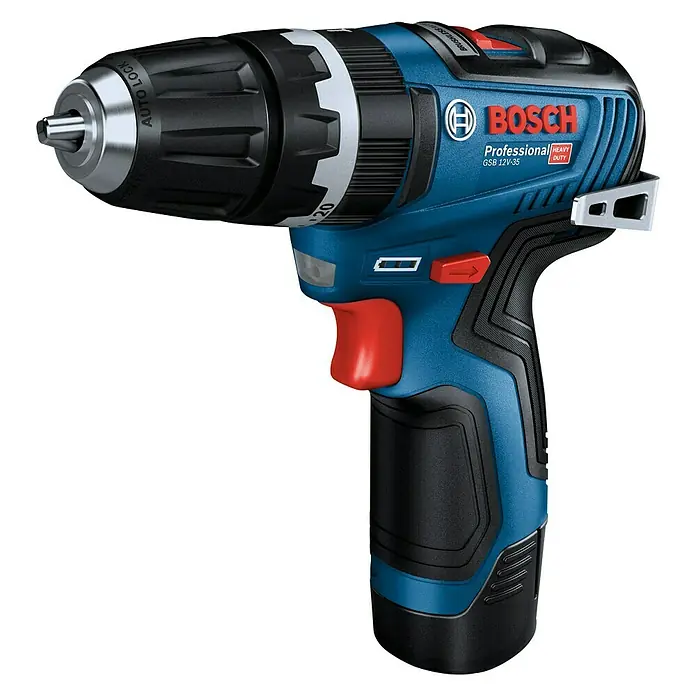 Bosch Professional Akku-Schlagbohrschrauber GSB12V-35 - 12 V, 2 Akkus, 3 Ah - Bild einer blauen Bosch GSB 12V-35 Akku-Bohrmaschine, ideal zum Bohren und Schrauben, mit robustem Design und ergonomischem Griff für Komfort.
