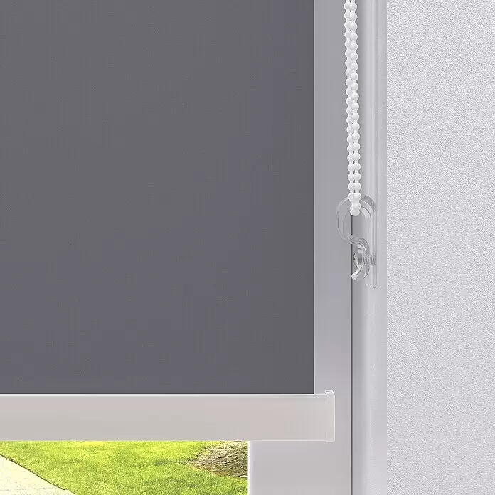 Rollo mit Kassette - B x H: 100 x 175 cm, Grau, Uni - Graues Rollo teilweise heruntergelassen, mit weißer Abschlussleiste und weißer Bedienkette.