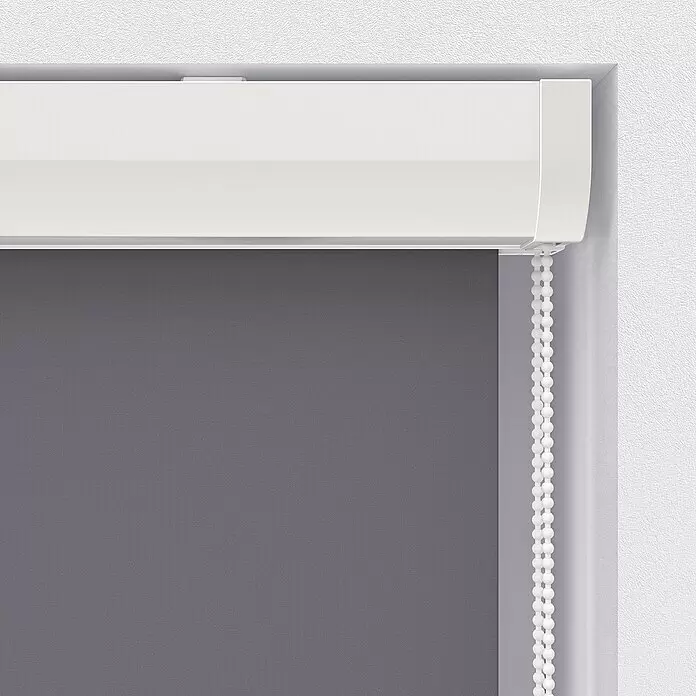 Rollo mit Kassette - B x H: 100 x 175 cm, Grau, Uni - Graues Rollo mit weißem Gehäuse und weißer Perlenkette, im Fensterrahmen montiert.