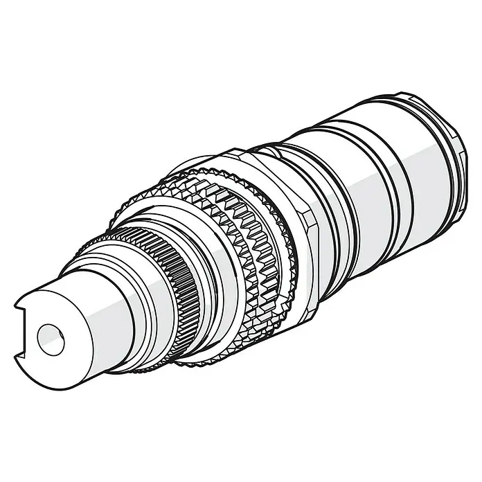 Hansa Temperaturreglereinheit Varox/Tempra - Passend für: Hansa Varox Unterputzsystem - Illustration einer Getriebewelle. Das Bauteil ist zylindrisch und hat Verzahnungen unterschiedlicher Größe und Form.