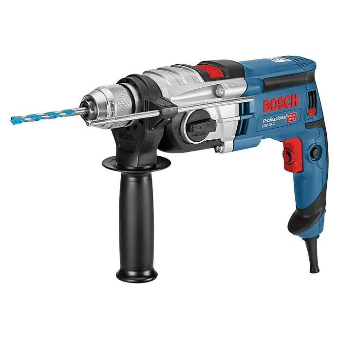 Bosch Professional Schlagbohrmaschine GSB 20-2 - 850 W, Schnellspannbohrfutter - Eine blaue Bosch GSB 20-2 Professional Schlagbohrmaschine mit blauem Bohrer, geeignet für schwere Arbeiten.